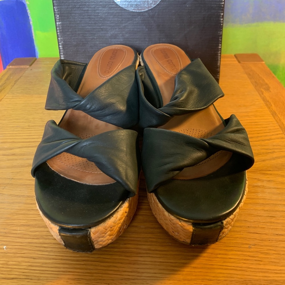 Corso Como Black Leather Platform Wedge Sandals Size 7.5.